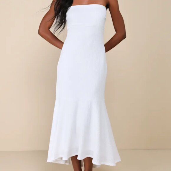 White Textured Strapless Midi Dress - Picture 1 of 3